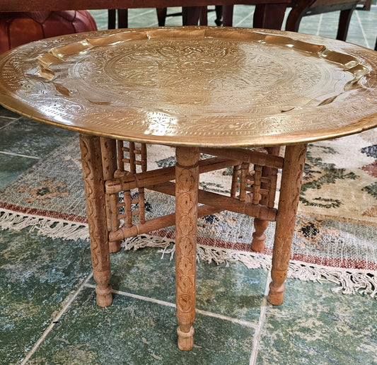 Gold Tray Table with Hand-carved Wooden Base