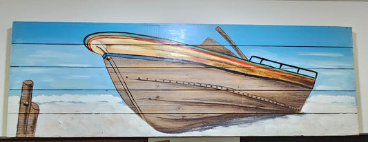 Hand-painted Oil on Wood - Boat on the Beach