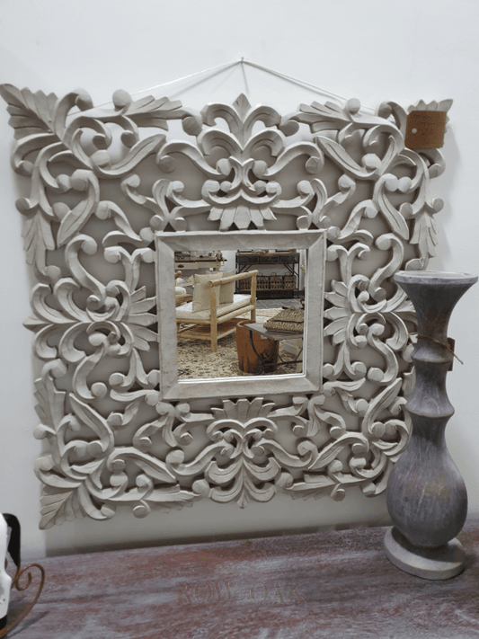 Distressed Carved Wood Mirror - Grey