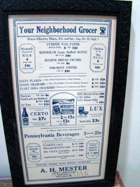 Grocery Poster dated August 1934 - Row & Oak