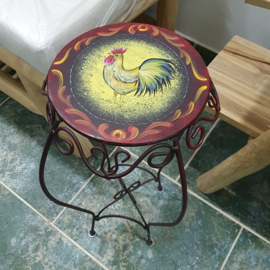 Metal Plant Stand With Hand-Painted Chicken Top