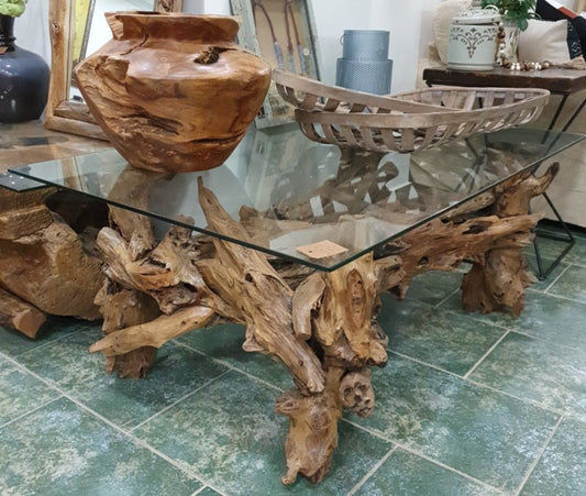 Teak Root Coffee Table With Glass Top
