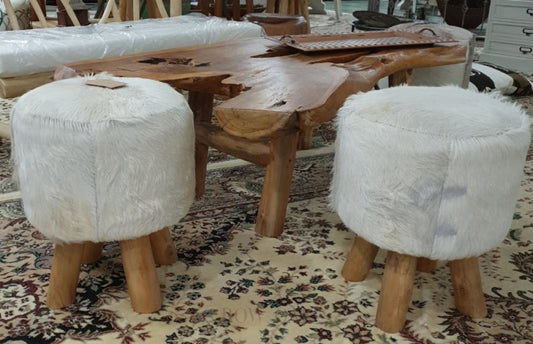 Teak Stool With Leather Upper - Short