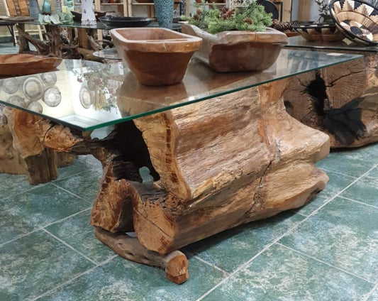 Teak Trunk Coffee Table With Glass Top