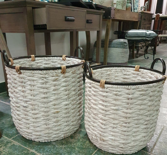 Woven White Rope Basket With Metal Handles Medium 37 X 38Cm