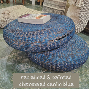 Reclaimed, Distressed Blue Denim Ottomans