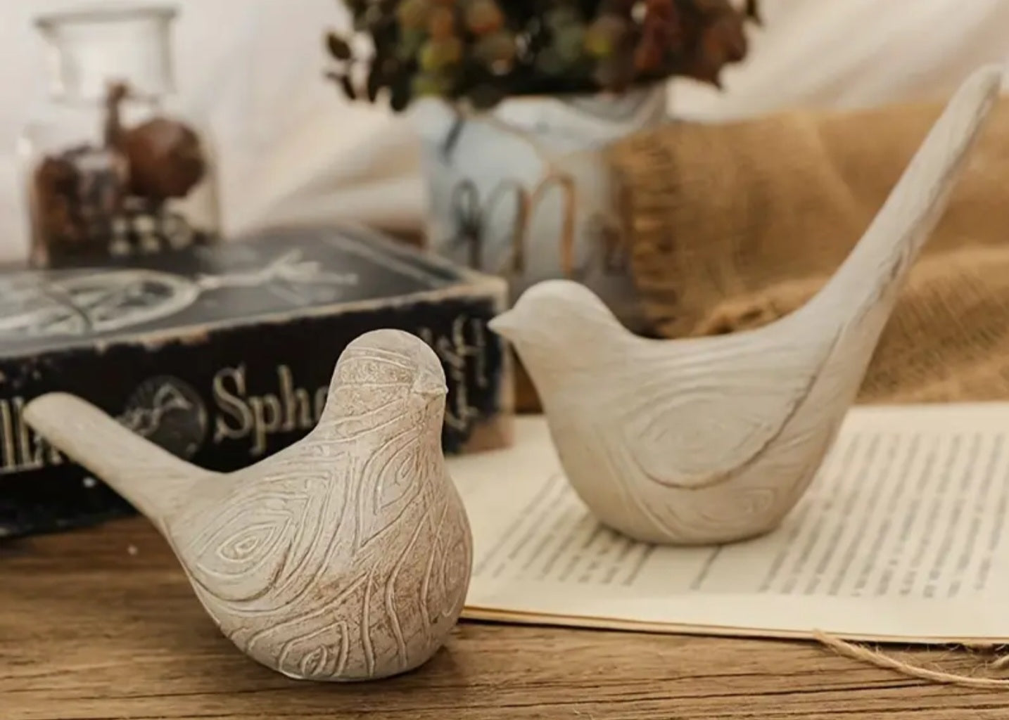 Carved Wood Resin Doves - Set of 2