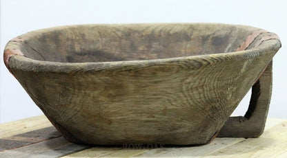 Antique HUGE Wooden Dough Bowl with Copper - Row & Oak