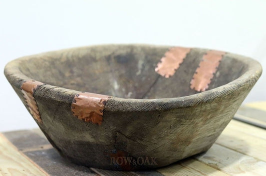 Antique HUGE Wooden Dough Bowl with Copper - Row & Oak