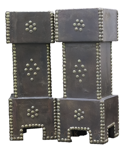 Vintage Dark Wood & Brass Studded Candle Holders