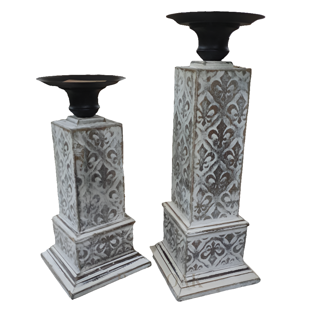 Distressed Wood, Florentine-Pattern Candle Holder - Tall