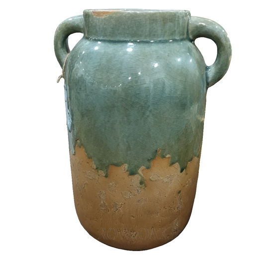 Sage Green Distressed Pottery Jar - Large with handles