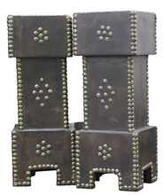 Load image into Gallery viewer, Vintage Dark Wood &amp; Brass Studded Candle Holders