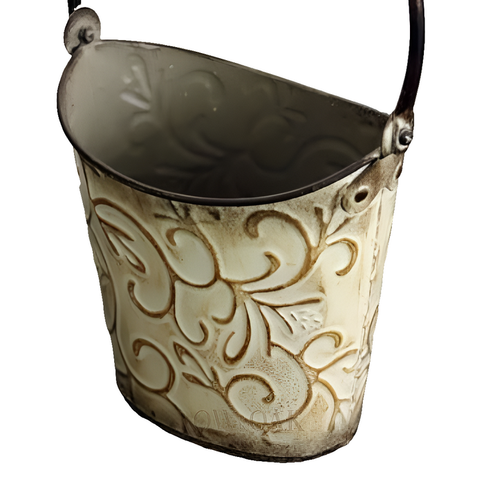 Cream & Brown Distressed Metal Bucket