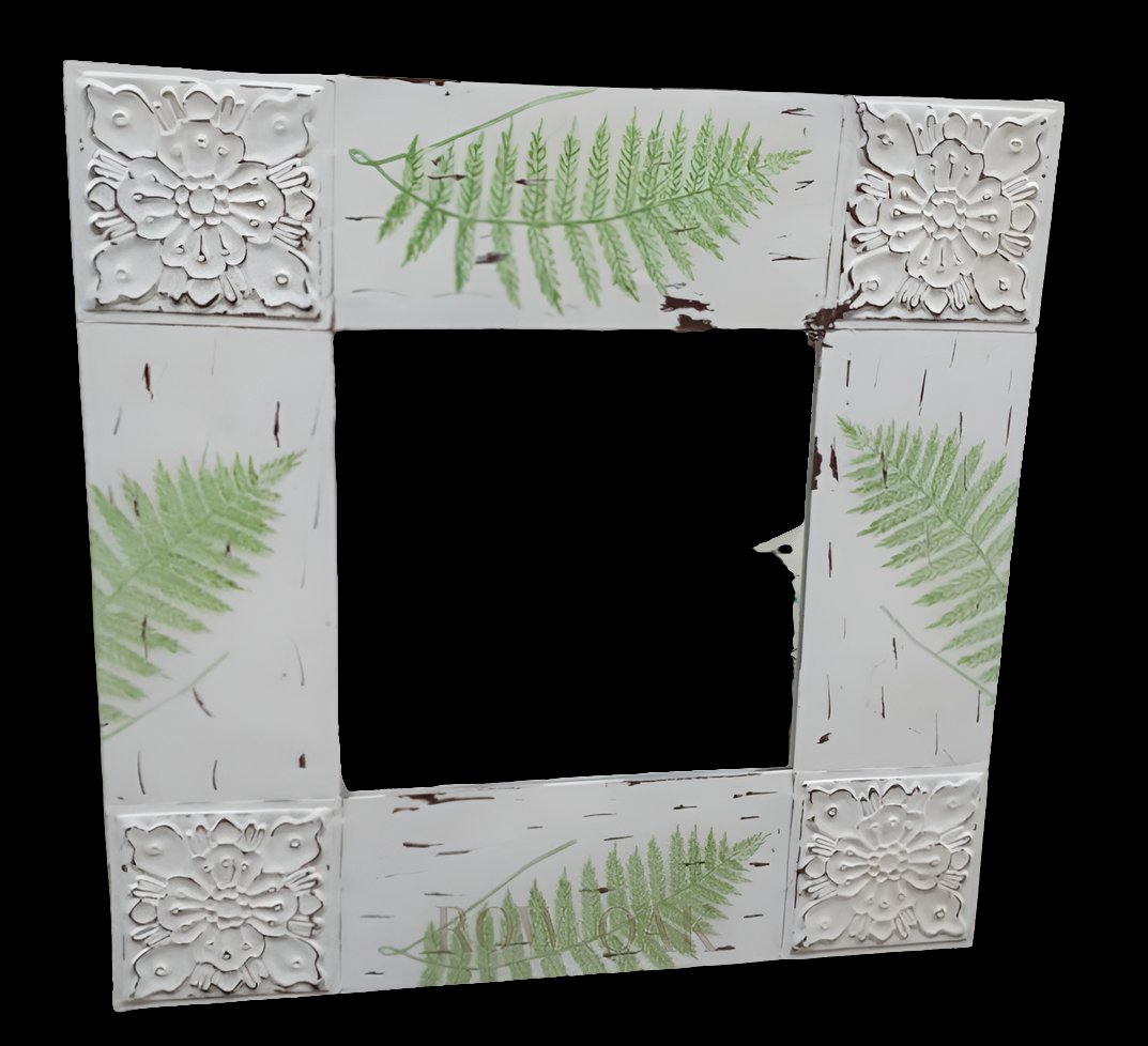 Green Fern on White Metal Distressed Mirror