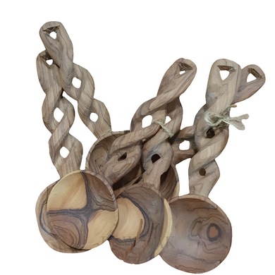 Hand-Carved, Twisted Olive Wood Salad Spoon Set