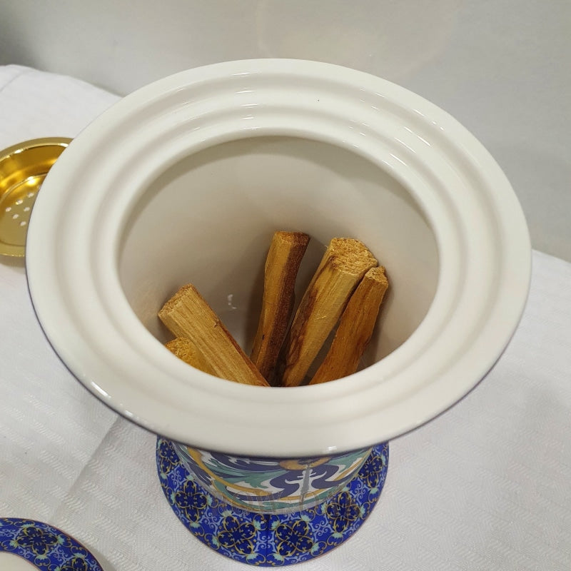 Bukhur Burner For Palo Santo Sticks - Sicilian Print With Lid