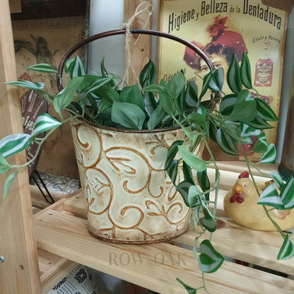 Cream & Brown Distressed Metal Bucket