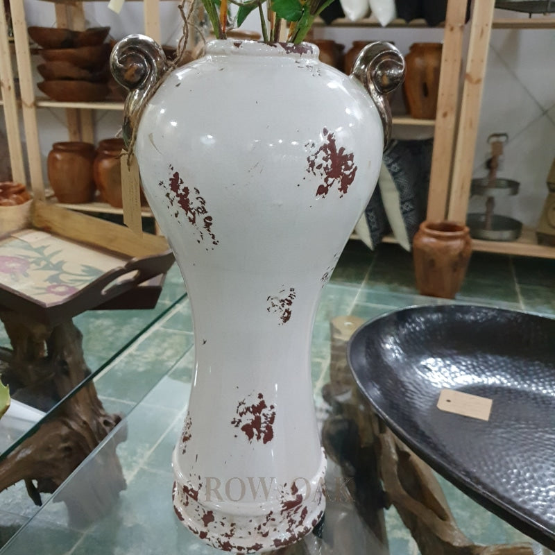 Distressed Ceramic Vase - White/brown