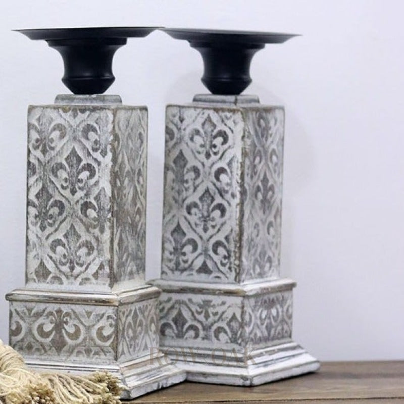 Distressed Wood, Florentine-Pattern Candle Holder - Row & Oak