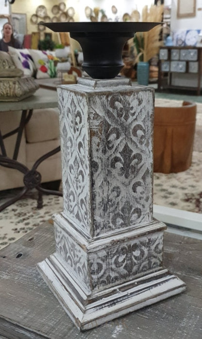 Distressed Wood Florentine-Pattern Candle Holder