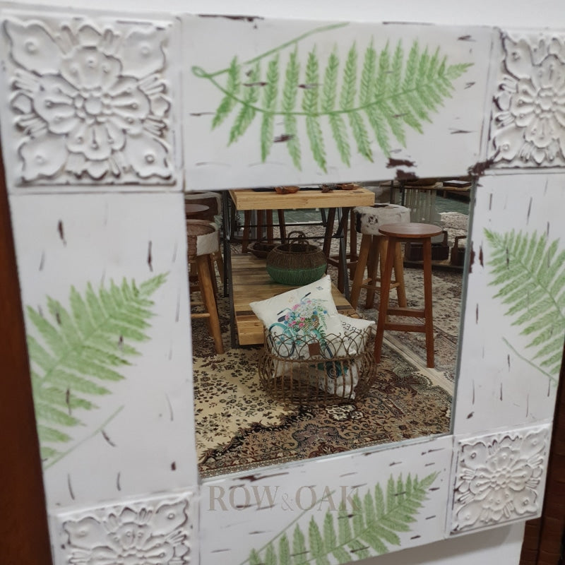 Green Fern On White Metal Distressed Mirror