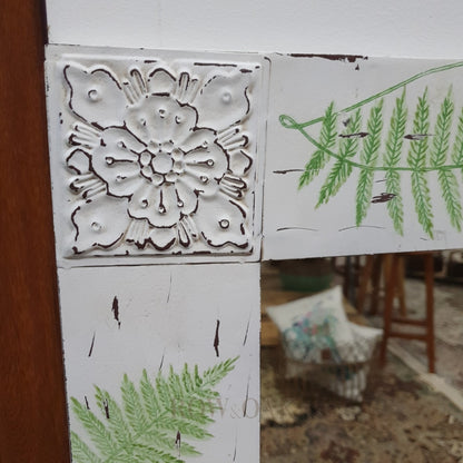 Green Fern On White Metal Distressed Mirror