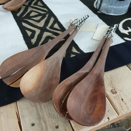 Hand-Carved Olive Wood Salad Spoon Set - Black