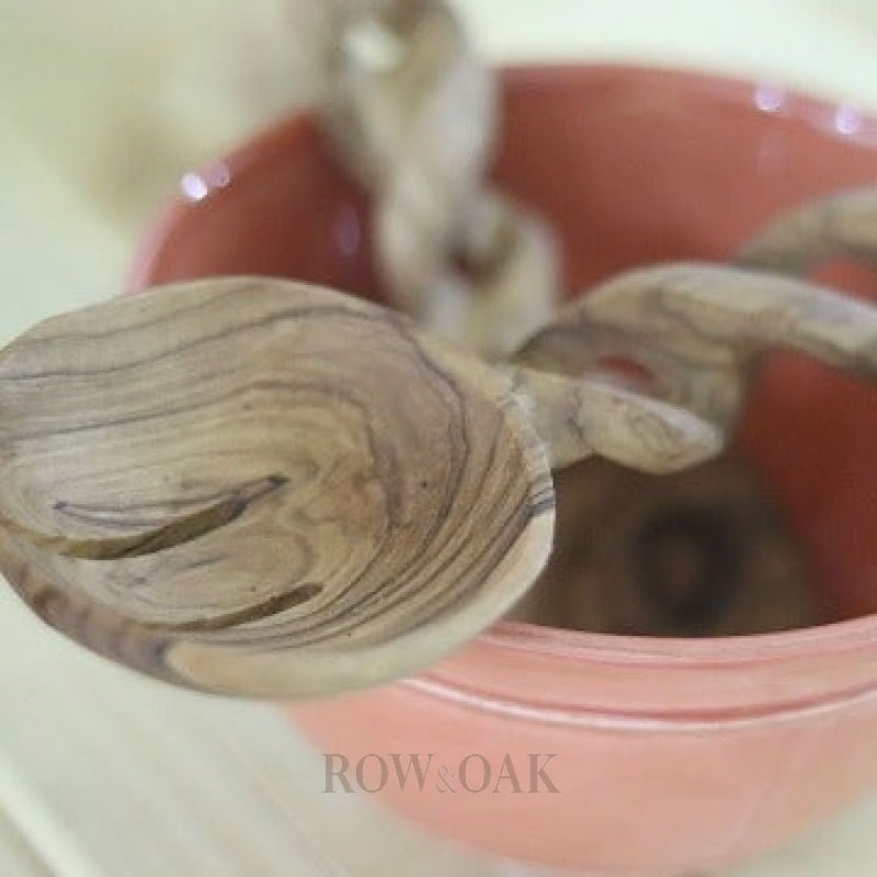 Hand-Carved Twisted Olive Wood Salad Spoon Set