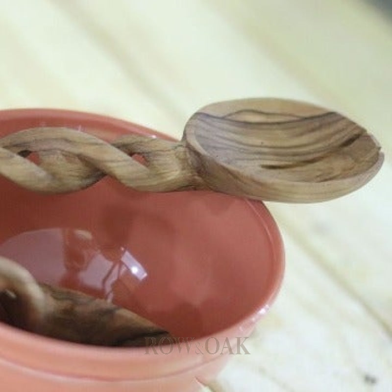 Hand-Carved Twisted Olive Wood Salad Spoon Set