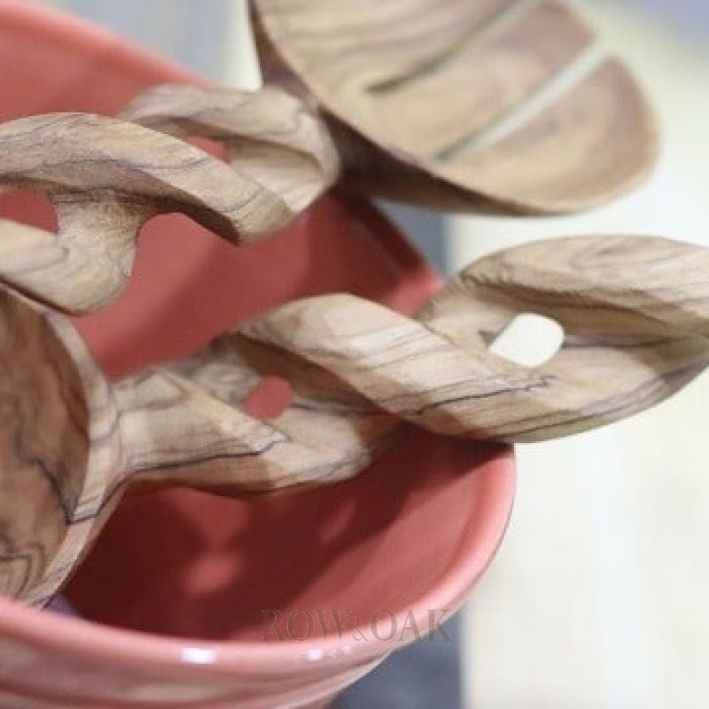 Hand-Carved Twisted Olive Wood Salad Spoon Set