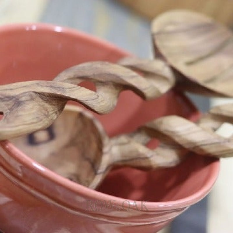 Hand-Carved Twisted Olive Wood Salad Spoon Set