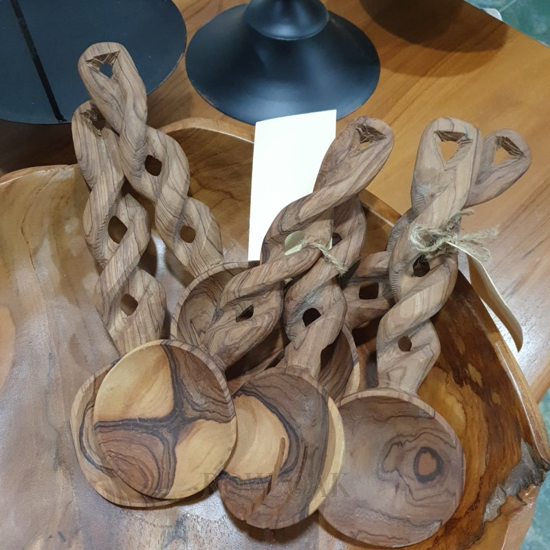 Hand-Carved Twisted Olive Wood Salad Spoon Set