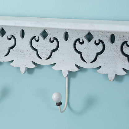 Carved Wood Wall Shelf with Hooks