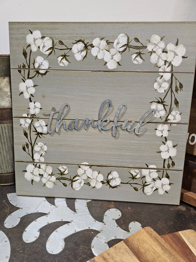 Cottonballs Thankful Wooden Sign