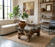 Load image into Gallery viewer, طاولة قهوة من خشب الساج مع سطح زجاجي