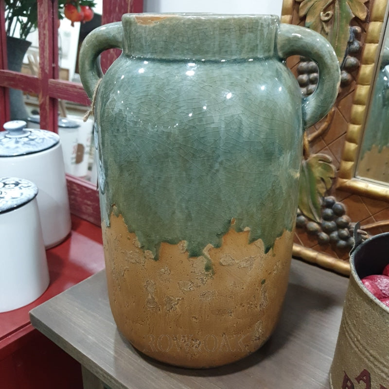 Sage Green Distressed Pottery Jar - Large With Handles