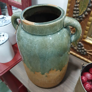 Sage Green Distressed Pottery Jar - Large With Handles