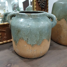 Load image into Gallery viewer, Sage Green Distressed Pottery Jar - Small With Handles