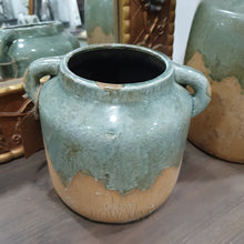 Load image into Gallery viewer, Sage Green Distressed Pottery Jar - Small With Handles