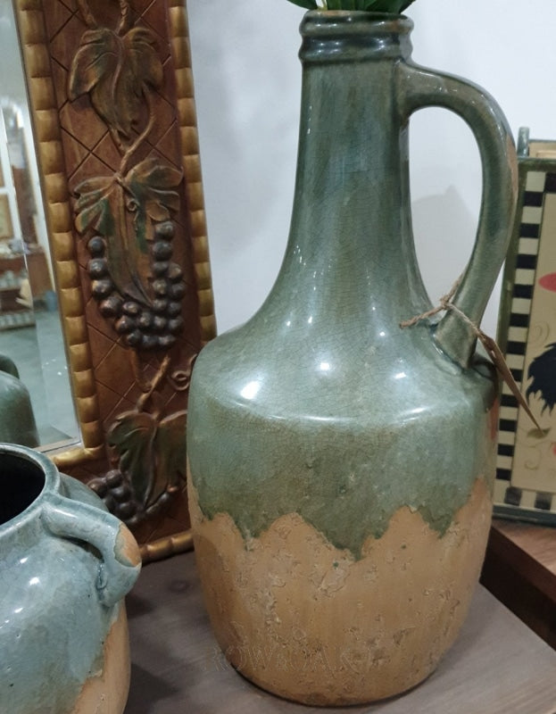 Sage Green Distressed Pottery Jar With Handle