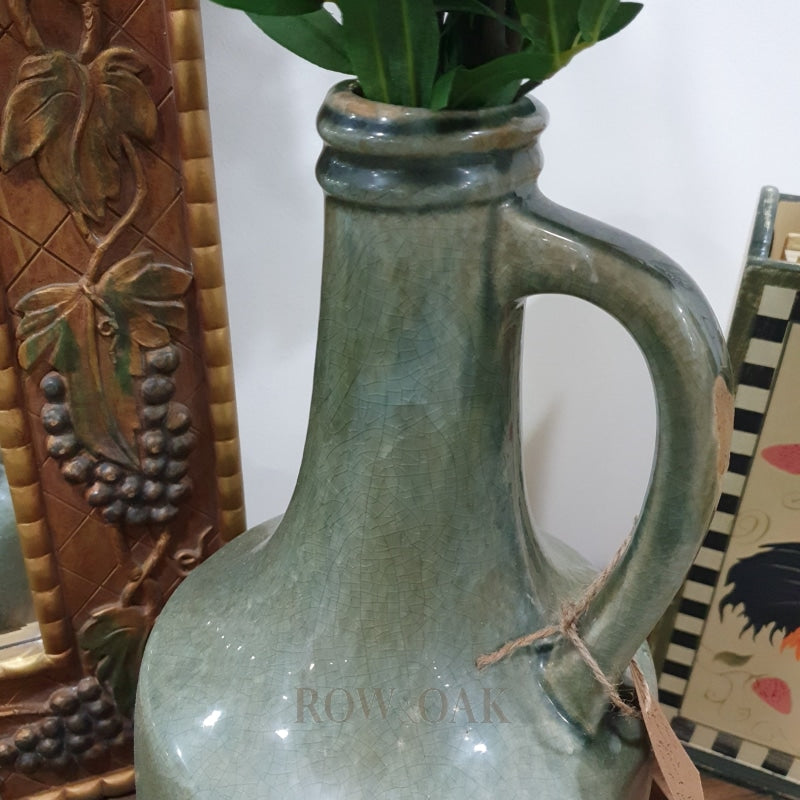 Sage Green Distressed Pottery Jar With Handle