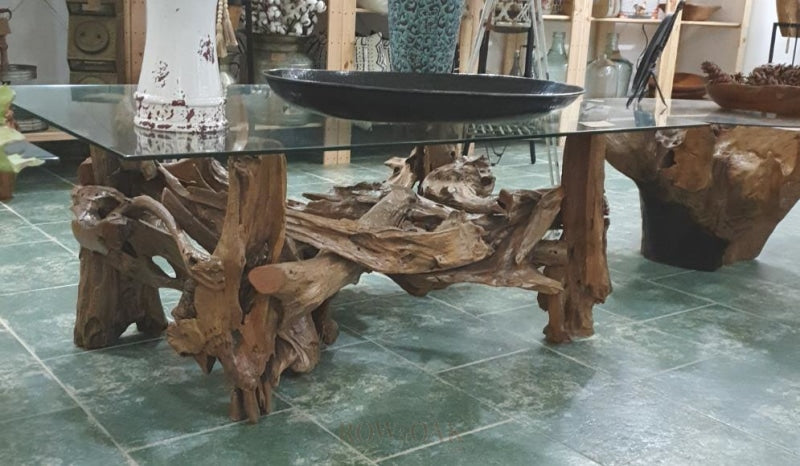 Teak Root Coffee Table With Glass Top