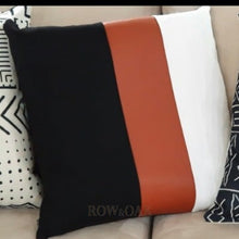 Load image into Gallery viewer, Vegan Leather-Banded Cushions White &amp; Black With Brown Leather Middle