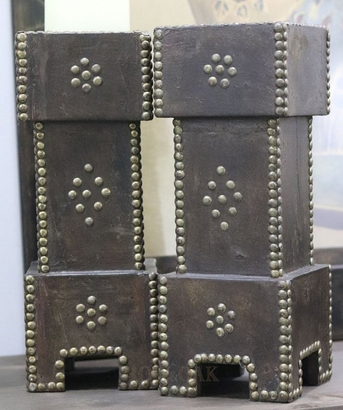 Vintage Dark Wood & Brass Studded Candle Holders