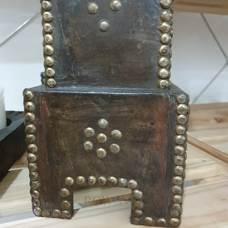 Vintage Dark Wood & Brass Studded Candle Holders