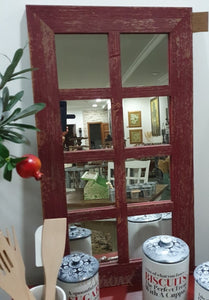 Windowpane Mirror - Distressed Dark Red