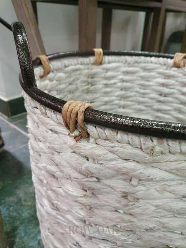 Woven White Rope Basket With Metal Handles